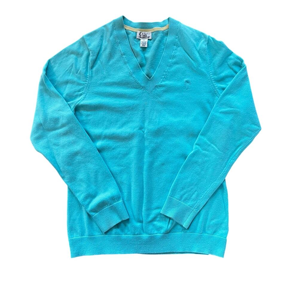 Lilly Pulitzer Blue V-Neck Palm Tree Sweater | Women's Large